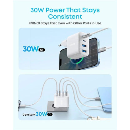Anker Zolo hálózati töltő, 50W, 3A, 2 x USB-A - 2 x USB-C, Fehér A121EG21