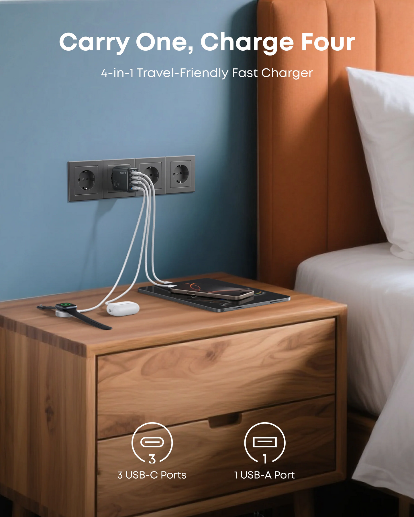 Anker Zolo hálózati töltő, 70W, 1 x USB-A - 3 x USB-C, Fekete A121CG11