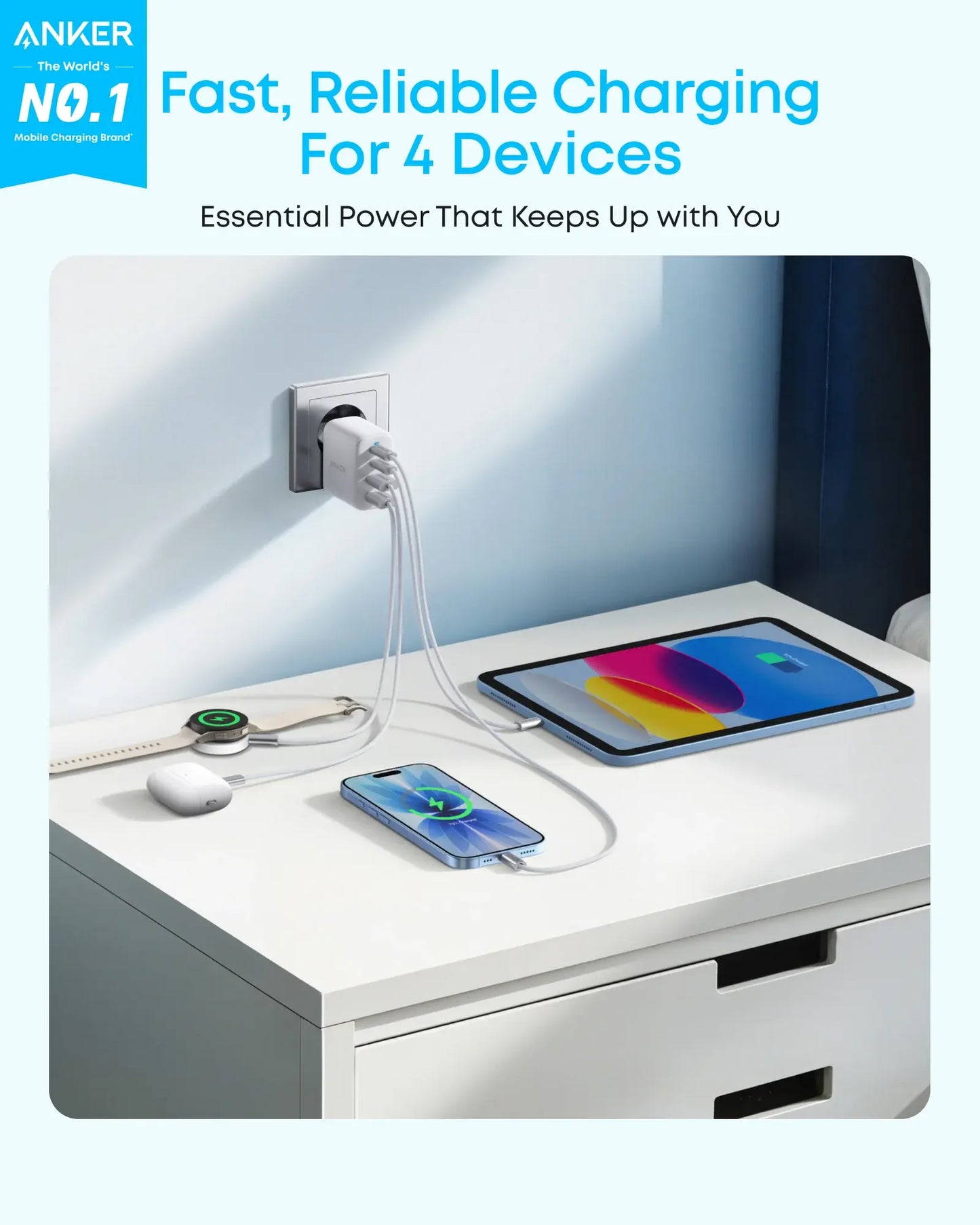 Anker Zolo hálózati töltő, 50W, 3A, 2 x USB-A - 2 x USB-C, Fehér