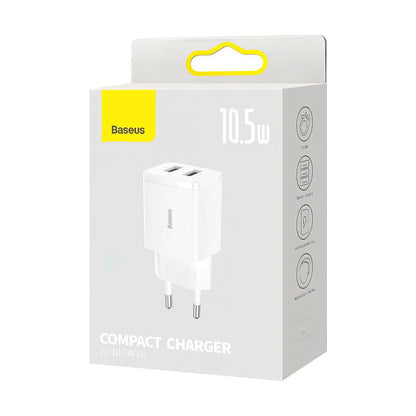 Baseus Compact hálózati töltő, 10.5W, 2.1A, 2 x USB-A, Fehér CCXJ010202