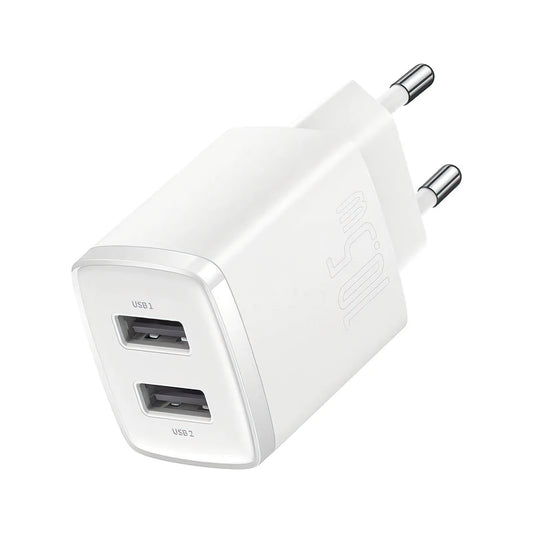 Baseus Compact hálózati töltő, 10.5W, 2.1A, 2 x USB-A, Fehér CCXJ010202