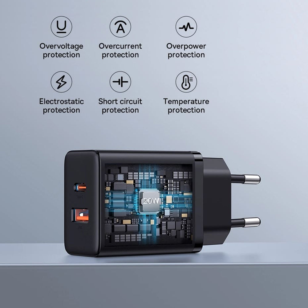 Baseus Cube hálózati töltő, 20W, 3A, 1 x USB-A - 1 x USB-C, Fehér P10111403213-00