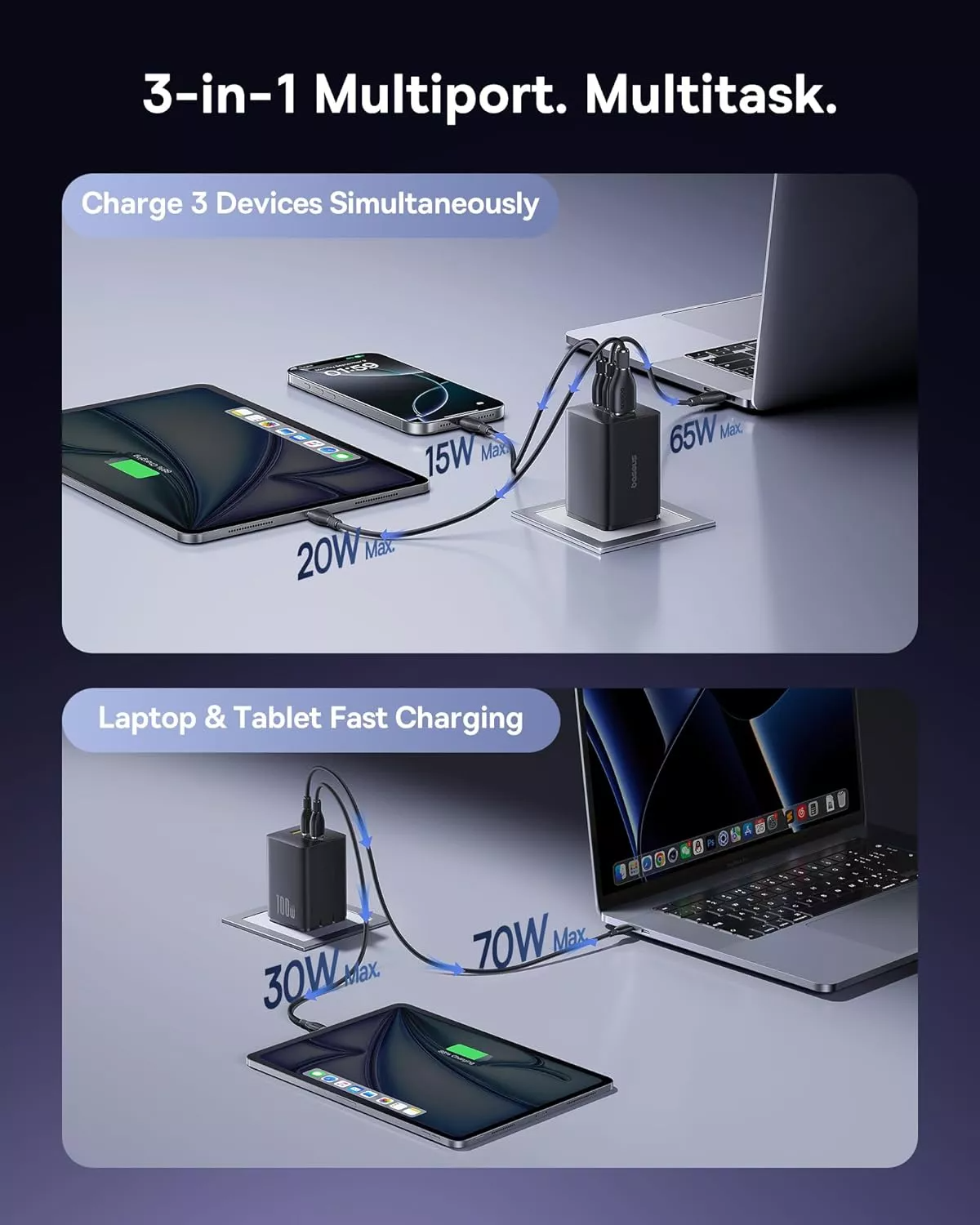 Baseus EnerFill FE11 hálózati töltő, 100W, 5A, 1 x USB-A - 2 x USB-C, szürke P10182102123