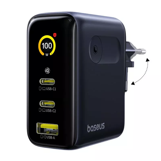 Baseus PicoGo AE21 Display hálózati töltő, 100W, 5A, 1 x USB-A - 2 x USB-C, Fekete E0121B00