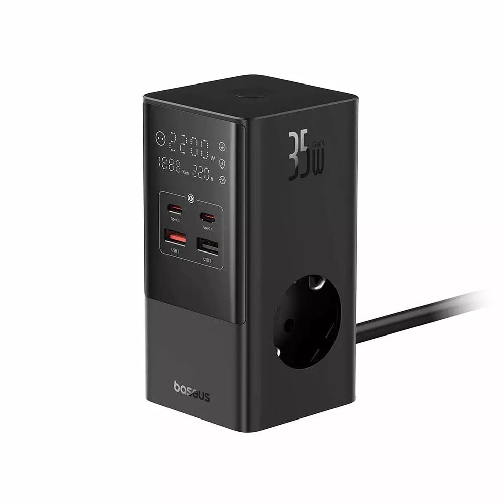 Baseus PowerCombo hálózati töltő, 35W, 5A, 2 x USB-A - 2 x USB-C - 3 x Schuko, Fekete, Újrapecsételt E00023606113-00