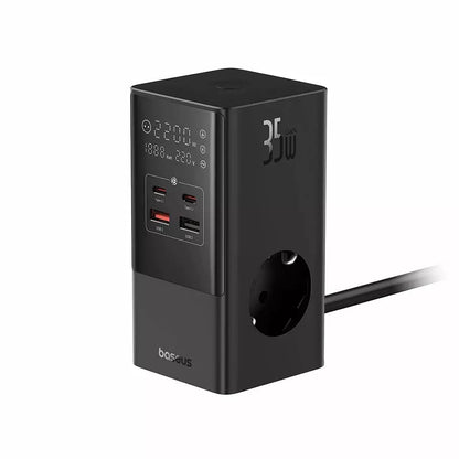 Baseus PowerCombo hálózati töltő, 35W, 5A, 2 x USB-A - 2 x USB-C - 3 x Schuko, Fekete, Újrapecsételt E00023606113-00