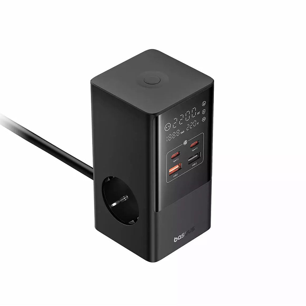 Baseus PowerCombo hálózati töltő, 35W, 5A, 2 x USB-A - 2 x USB-C - 3 x Schuko, Fekete, Újrapecsételt E00023606113-00