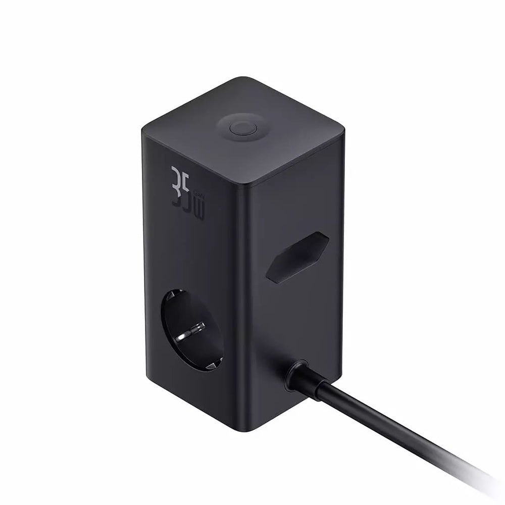 Baseus PowerCombo hálózati töltő, 35W, 5A, 2 x USB-A - 2 x USB-C - 3 x Schuko, Fekete, Újrapecsételt E00023606113-00
