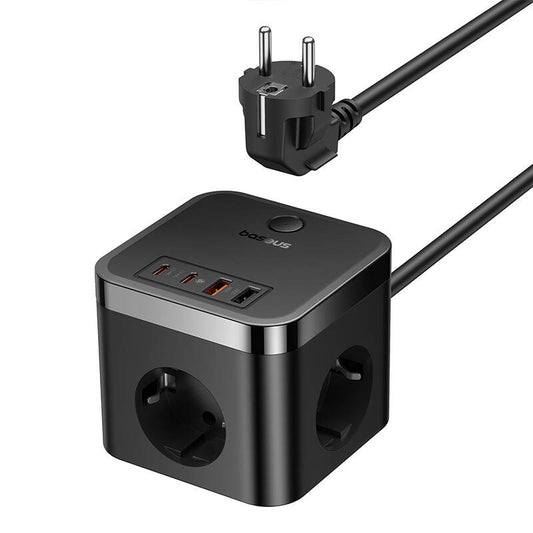 Baseus PowerCombo Cube, 30W, 3A, 2 x USB-A - 2 x USB-C - 3 x Schuko, fekete E00066400117-00