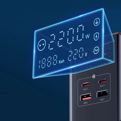 Baseus PowerCombo hálózati töltő, 35W, 5A, 2 x USB-A - 2 x USB-C - 3 x Schuko, Fekete, Újrapecsételt E00023606113-00