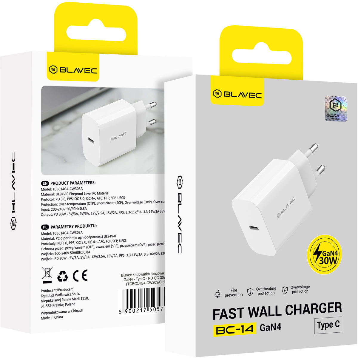 Blavec BC-14 hálózati töltő, 30 W, 3 A, 1 × USB-C, fehér