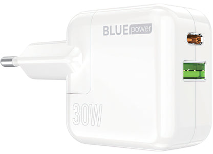 BLUE Power BC111A hálózati töltő, 30W, 3A, 1 x USB-A - 1 x USB-C, Fehér