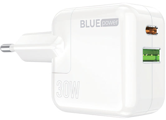 BLUE Power BC111A hálózati töltő, 30W, 3A, 1 x USB-A - 1 x USB-C, Fehér