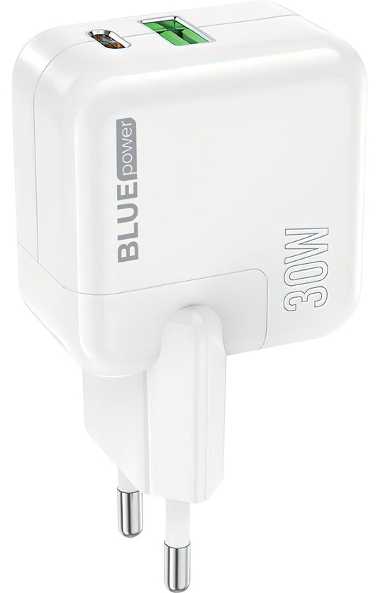 BLUE Power BC111A hálózati töltő, 30W, 3A, 1 x USB-A - 1 x USB-C, Fehér