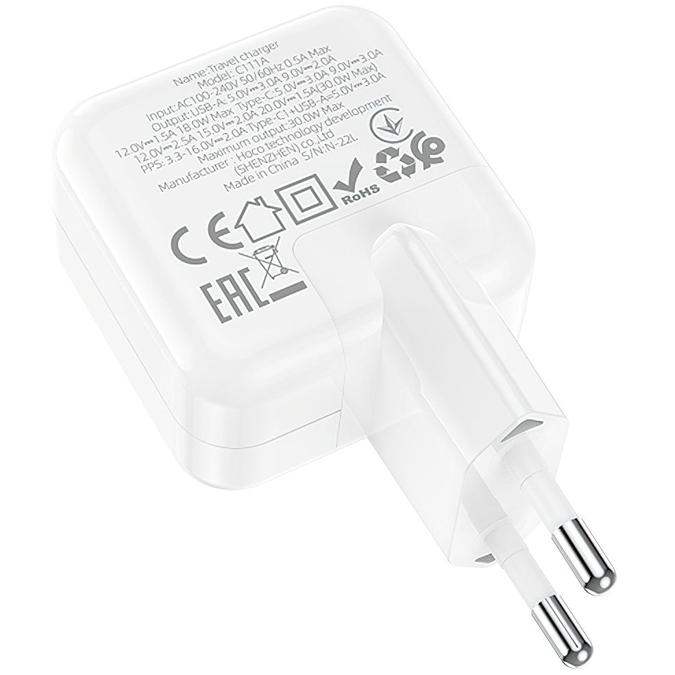 BLUE Power BC111A hálózati töltő, 30W, 3A, 1 x USB-A - 1 x USB-C, Fehér