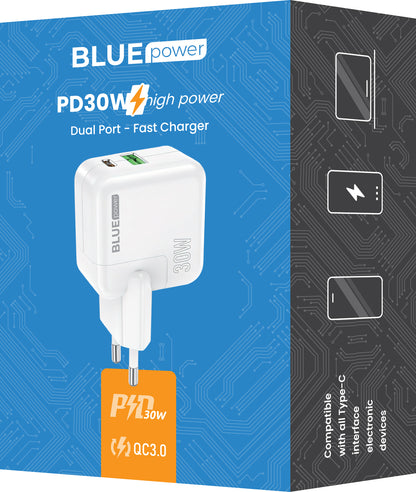 BLUE Power BC111A hálózati töltő, 30W, 3A, 1 x USB-A - 1 x USB-C, Fehér