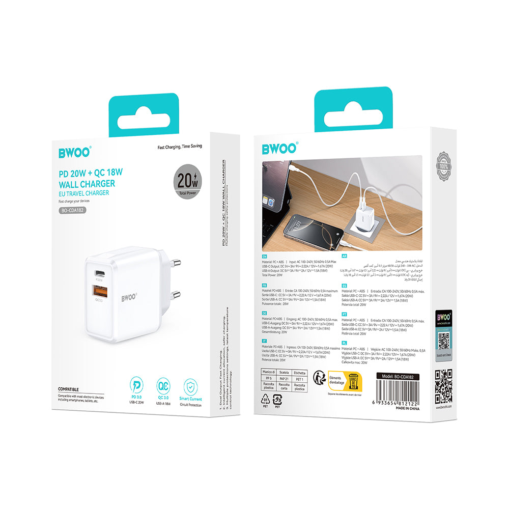 BWOO CDA182 hálózati töltő, 38W, 3A, 1 x USB-A - 1 x USB-C, Fehér