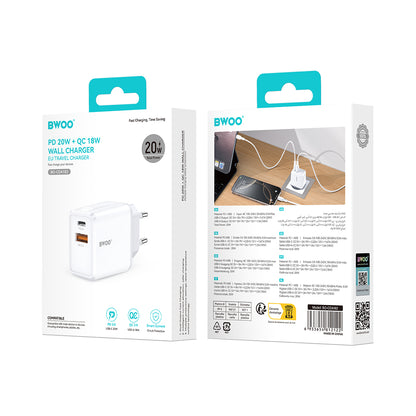BWOO CDA182 hálózati töltő, 38W, 3A, 1 x USB-A - 1 x USB-C, Fehér