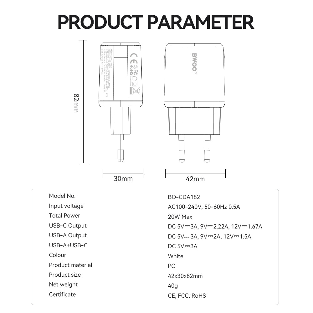 BWOO CDA182 hálózati töltő, 38W, 3A, 1 x USB-A - 1 x USB-C, Fehér