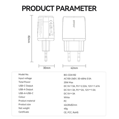 BWOO CDA182 hálózati töltő, 38W, 3A, 1 x USB-A - 1 x USB-C, Fehér