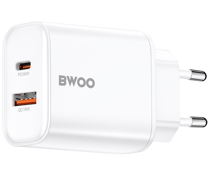 BWOO CDA207 hálózati töltő, 36W, 3A, 1 x USB-A - 1 x USB-C, Fehér