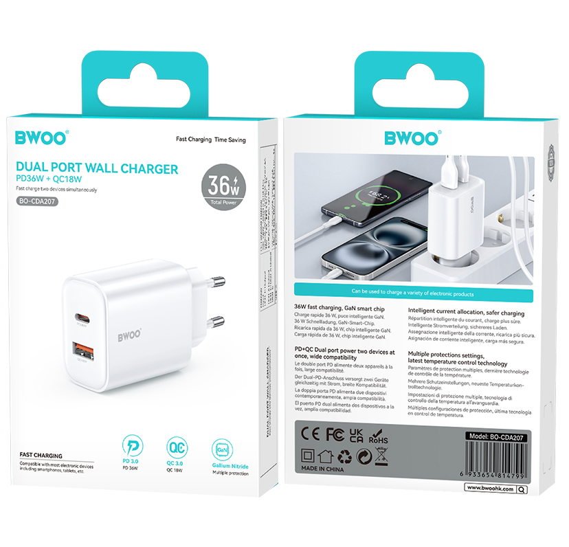 BWOO CDA207 hálózati töltő, 36W, 3A, 1 x USB-A - 1 x USB-C, Fehér