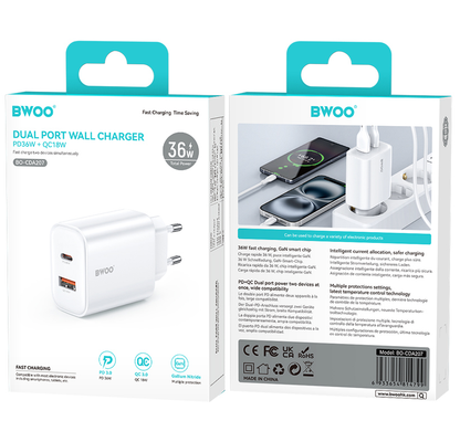 BWOO CDA207 hálózati töltő, 36W, 3A, 1 x USB-A - 1 x USB-C, Fehér