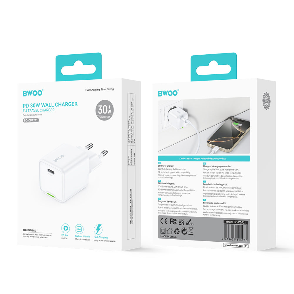 BWOO CDA211 Hálózati Töltő, 30W, 3A, 1 x USB-C, Fehér