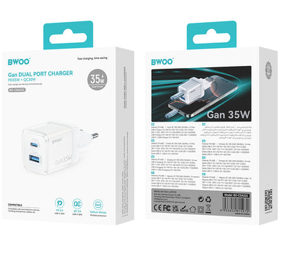 BWOO CDA222 hálózati töltő, 35W, 3A, 1 x USB-A - 1 x USB-C, Fehér