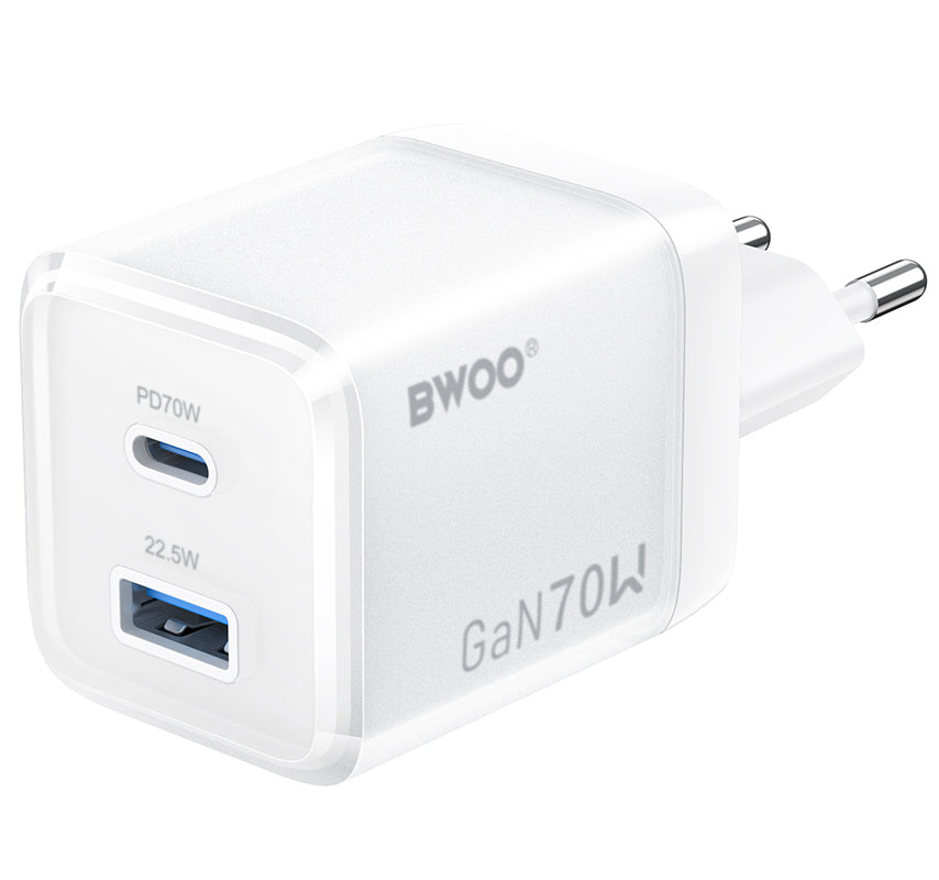BWOO CDA224 hálózati töltő, 70W, 3.25A, 1 x USB-A - 1 x USB-C, Fehér