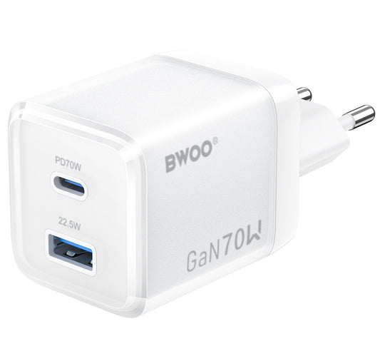 BWOO CDA224 hálózati töltő, 70W, 3.25A, 1 x USB-A - 1 x USB-C, Fehér