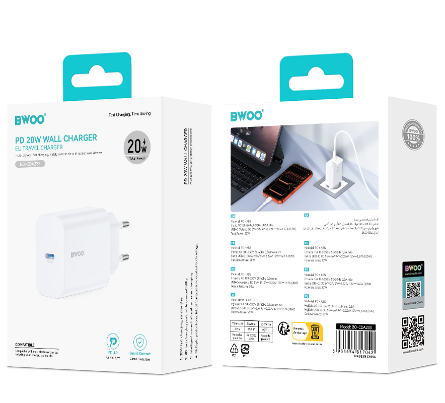 BWOO CDA233 hálózati töltő, 20W, 3A, 1 x USB-C, Fehér