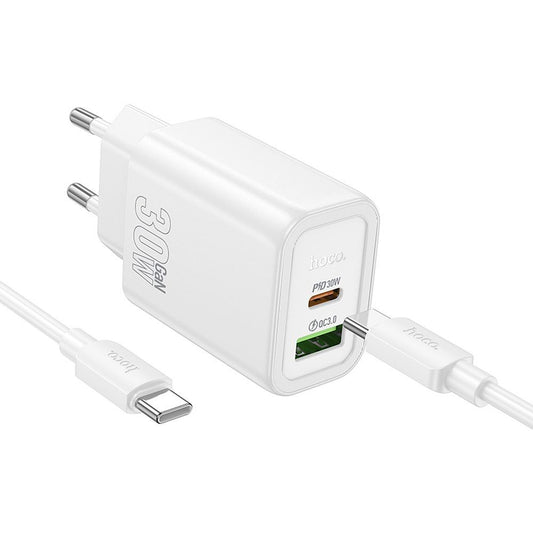 Hálózati töltő USB-C kábellel HOCO N63, 30W, 3A, 1 x USB-A - 1 x USB-C, Fehér
