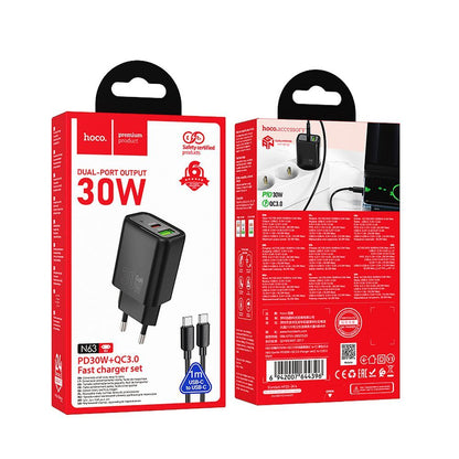 Hálózati töltő USB-C kábellel HOCO N63, 30W, 3A, 1 x USB-A - 1 x USB-C, Fekete