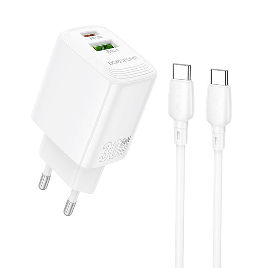 Hálózati töltő USB-C kábellel Borofone BN29 Fuente, 30W, 3A, 1 x USB-A - 1 x USB-C, Fehér