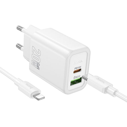 HOCO N61 hálózati töltő Lightning kábellel, 20W, 3A, 1 x USB-A - 1 x USB-C, fehér