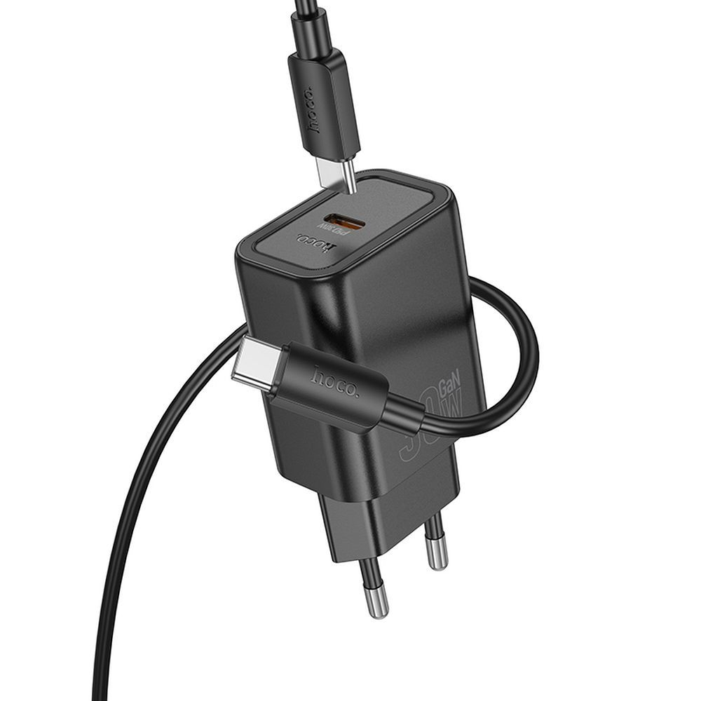 Hálózati töltő USB-C kábellel HOCO N62, 30W, 3A, 1 x USB-C, Fekete