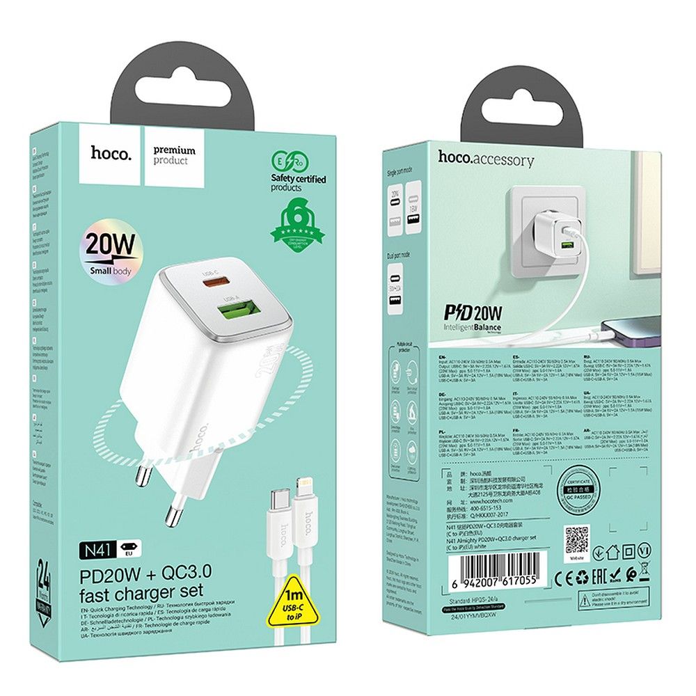 Hálózati töltő Lightning kábellel HOCO N41, 20W, 3A, 1 x USB-A - 1 x USB-C, Fehér