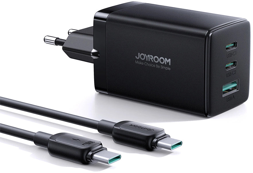 Hálózati töltő USB-C kábellel Joyroom TCG01, 65W, 3.25A, 1 x USB-A - 2 x USB-C, Fekete