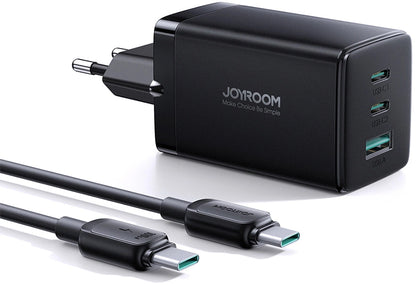 Hálózati töltő USB-C kábellel Joyroom TCG01, 65W, 3.25A, 1 x USB-A - 2 x USB-C, Fekete