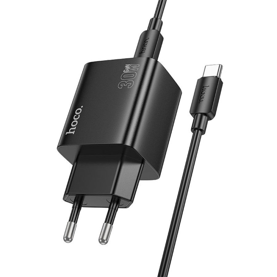 Hálózati töltő USB-C kábellel HOCO N56, 30W, 3A, 2 x USB-A - 2 x USB-C, Fekete