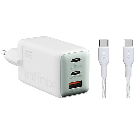 Hálózati töltő USB-C kábellel Infinix XC07868EU + XDC95, 68W, 6.2A, 1 x USB-A - 2 x USB-C, Fehér