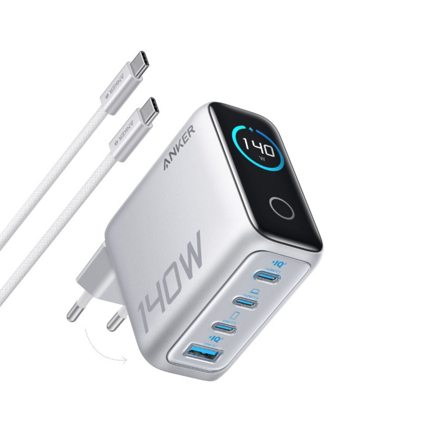 Anker Zolo USB-C hálózati töltő kábellel, 140W, 5A, 1 x USB-A - 3 x USB-C, ezüst B2697G41