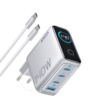 Anker Zolo USB-C hálózati töltő kábellel, 140W, 5A, 1 x USB-A - 3 x USB-C, ezüst B2697G41