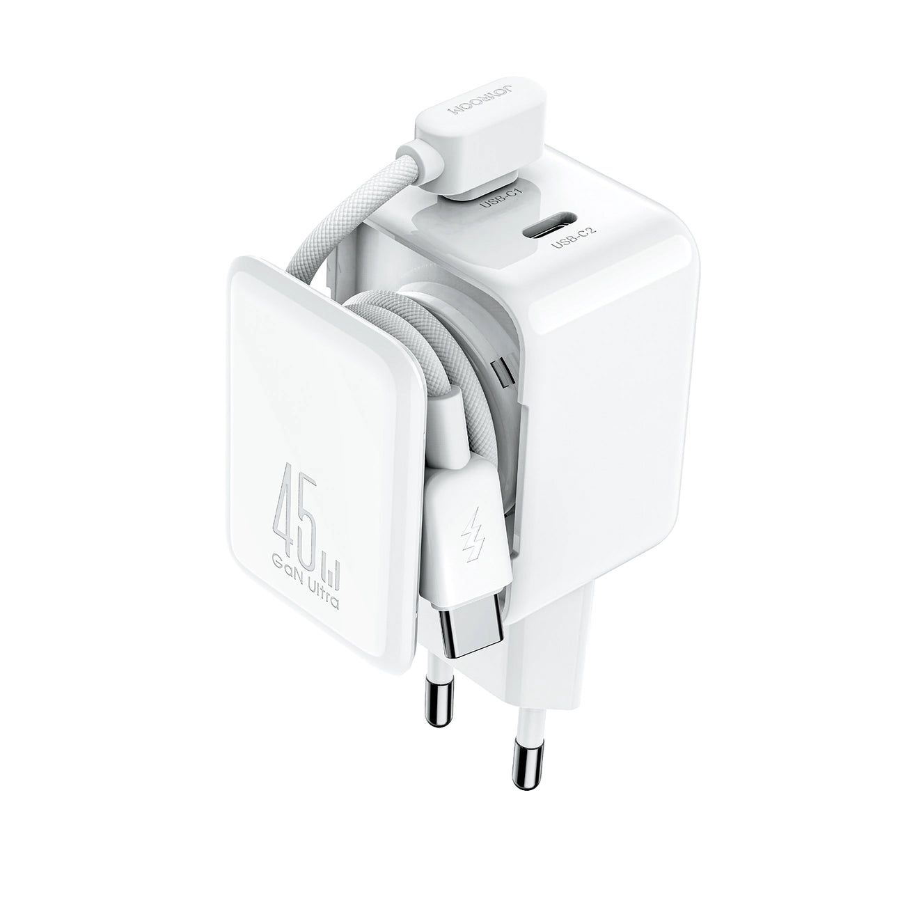 Hálózati töltő USB-C kábellel Joyroom JR-TCL05, 45W, 3A, 2 x USB-C, Fehér