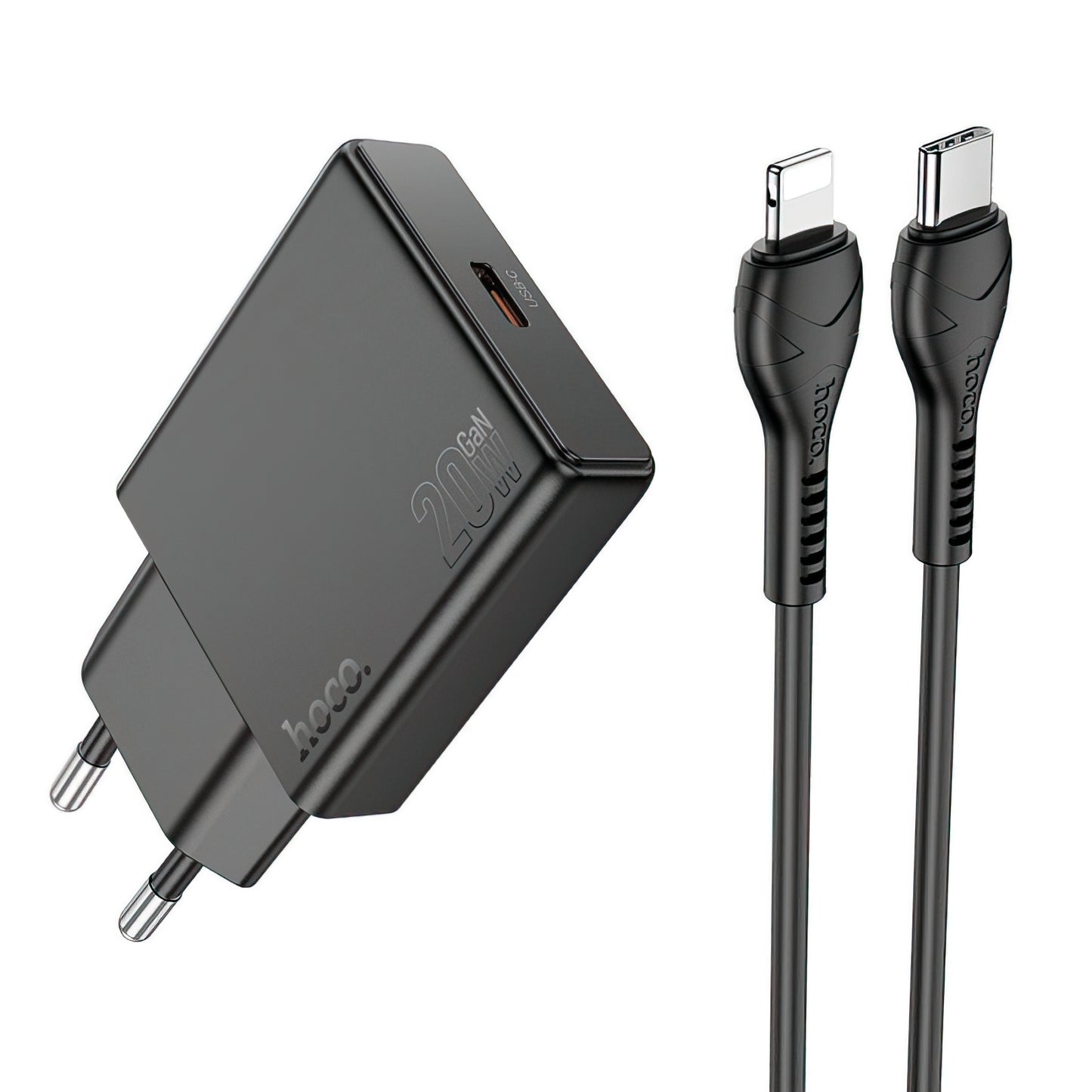 Network Charger with Lightning Cable HOCO N37, 30W, 3A, 1 x USB-C, Black