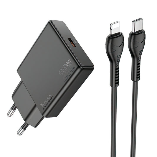 Hálózati töltő Lightning kábellel HOCO N37, 30W, 3A, 1 x USB-C, Fekete