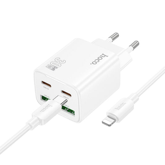 Hálózati töltő Lightning kábellel HOCO N56, 30W, 3A, 2 x USB-A - 2 x USB-C, Fehér