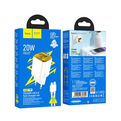 Network Charger with USB-C Cable HOCO N52, 20W, 3A, 1 x USB-A - 1 x USB-C, White