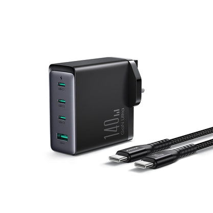 Hálózati töltő USB-C kábellel Joyroom JR-TCG05UK, 140W, 5A, 1 x USB-A - 3 x USB-C, UK, Fekete